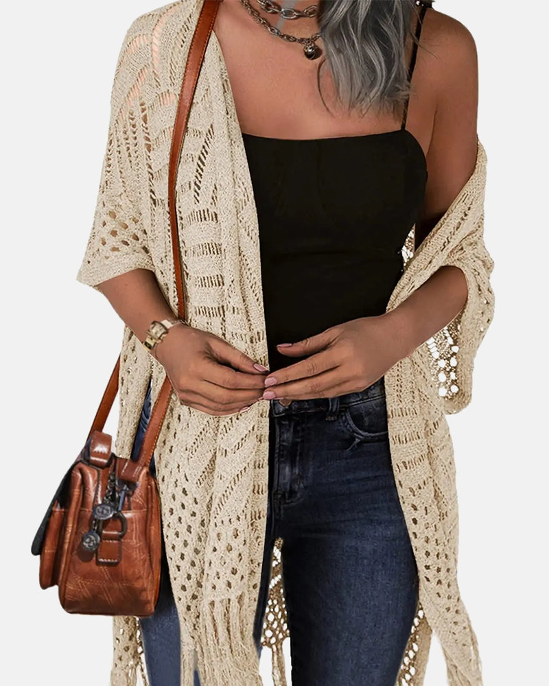 Oversized Crochet Cardigan – Boho Tassel Kimono