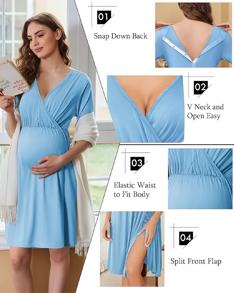 Women's Short Sleeve V-Neck Maternity Nursing Gown