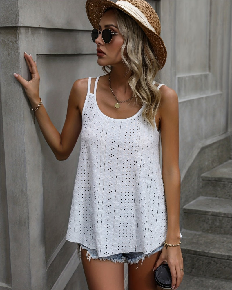 Women's Spaghetti Strap Camisoles Eyelet Embroidery Scoop Neck Tank Tops
