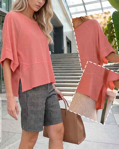 Panel Solid Color Flared Sleeve T-Shirt