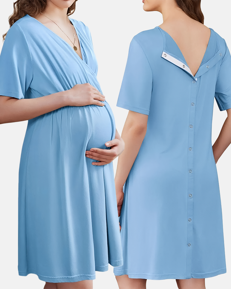 Women's Short Sleeve V-Neck Maternity Nursing Gown
