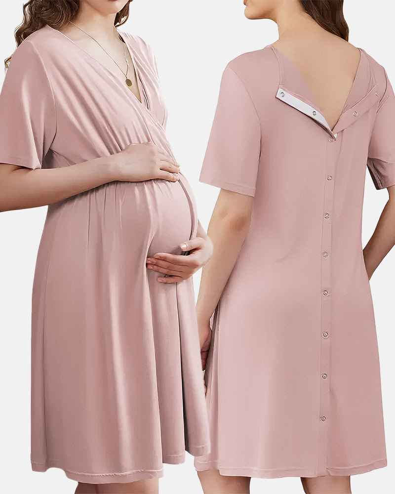 Women's Short Sleeve V-Neck Maternity Nursing Gown