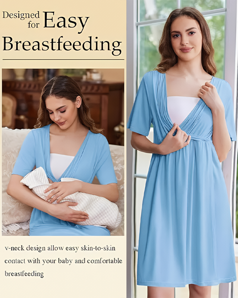 Women's Short Sleeve V-Neck Maternity Nursing Gown