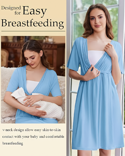 Women's Short Sleeve V-Neck Maternity Nursing Gown