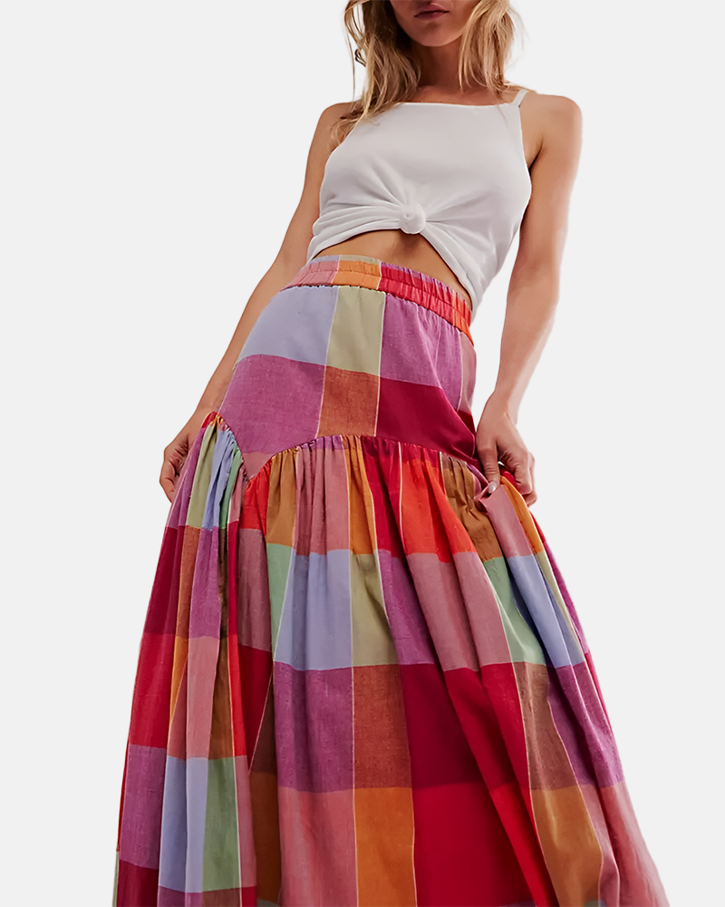 Women's Plaid Print Flattering Long Skirt