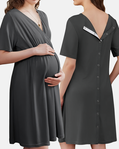 Women's Short Sleeve V-Neck Maternity Nursing Gown