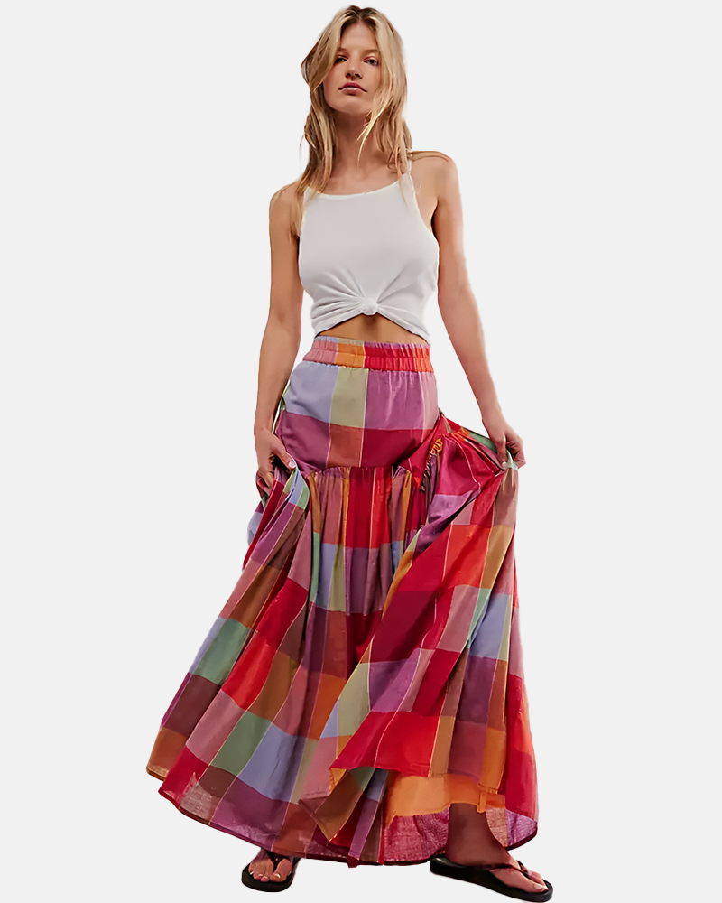 Women's Plaid Print Flattering Long Skirt