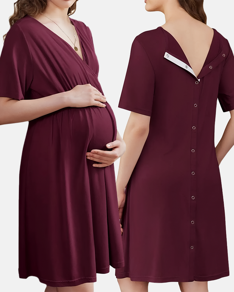Women's Short Sleeve V-Neck Maternity Nursing Gown
