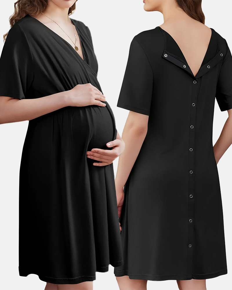 Women's Short Sleeve V-Neck Maternity Nursing Gown