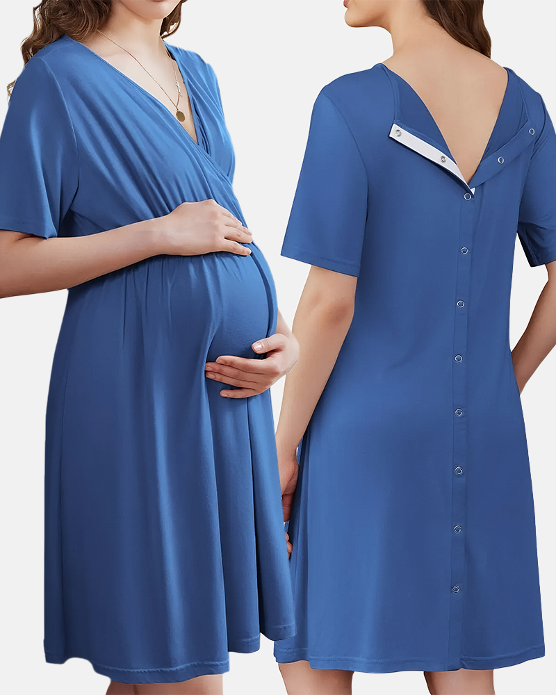 Women's Short Sleeve V-Neck Maternity Nursing Gown