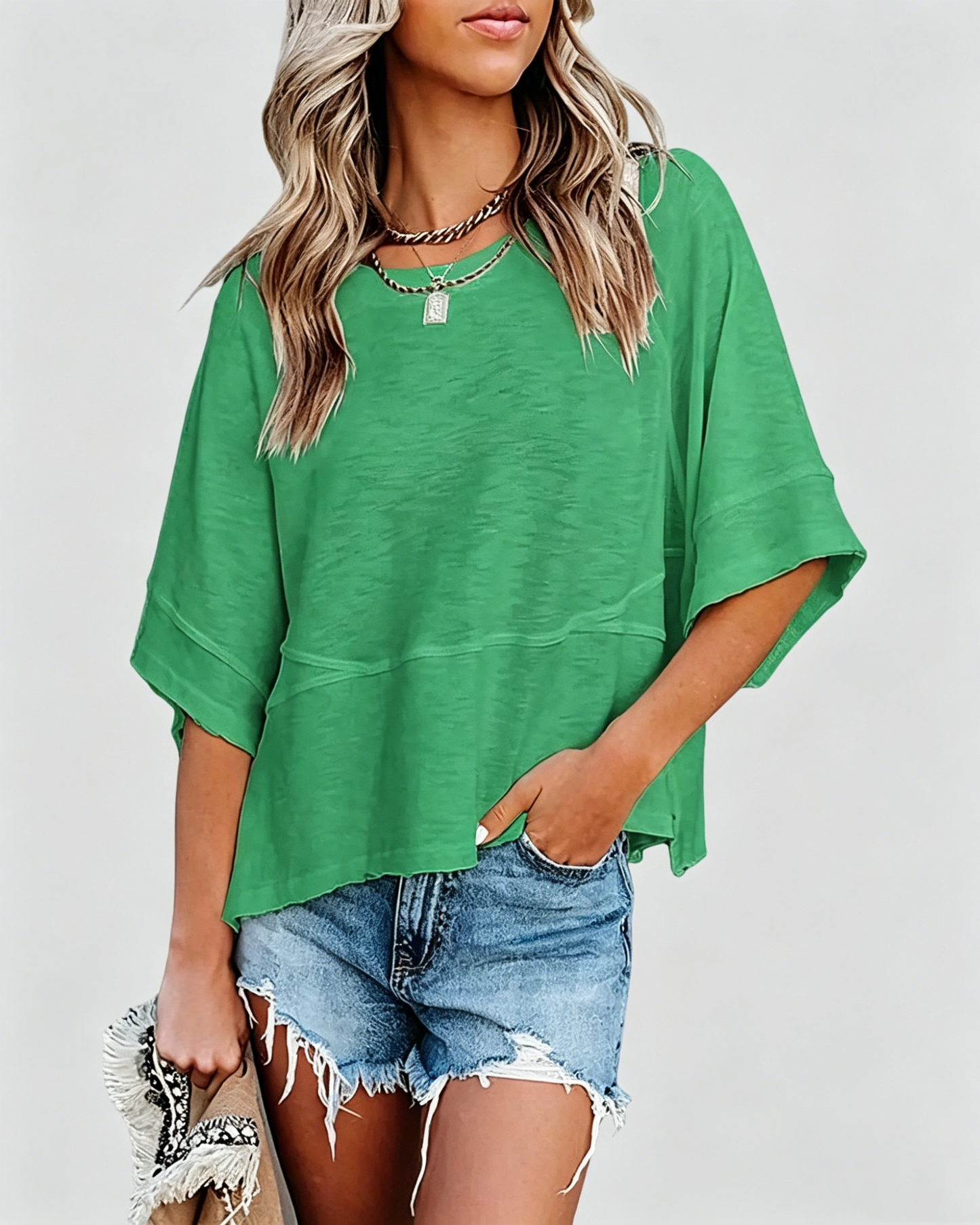 Panel Solid Color Flared Sleeve T-Shirt
