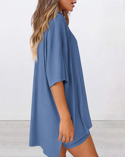 Summer Casual Oversized Lounge Set with Split Hem Shirts & Side Pocket Biker Shorts