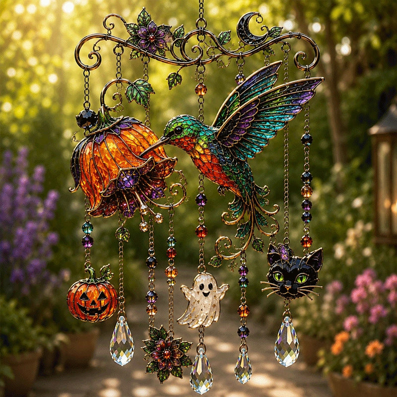 Halloween Glass Suncatcher Wind Chime – Spooky Hanging Window Decor for Home & Garden
