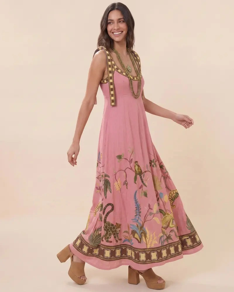 2026 Women's Linen-Blend Embroidered Midi Dress