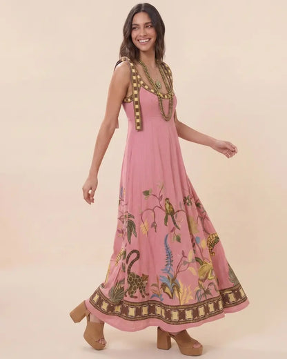 2026 Women's Linen-Blend Embroidered Midi Dress