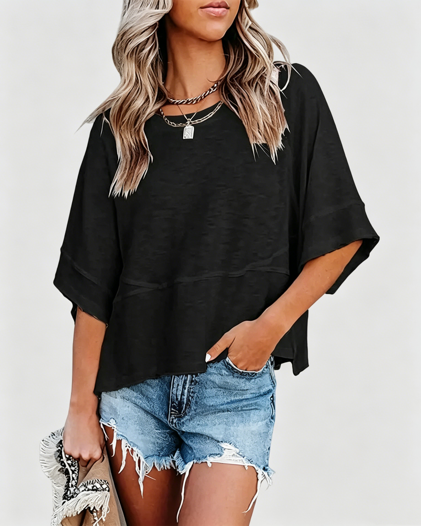 Panel Solid Color Flared Sleeve T-Shirt
