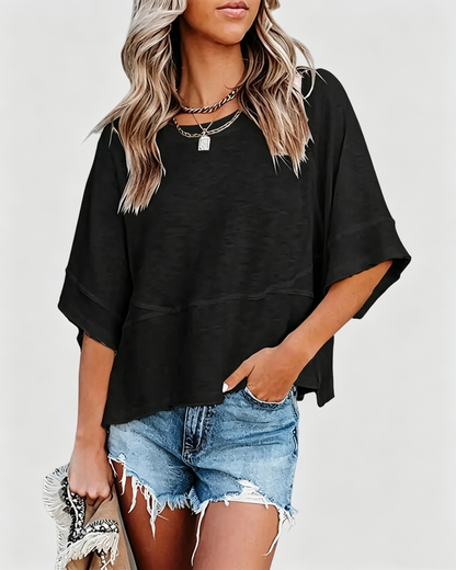 Panel Solid Color Flared Sleeve T-Shirt