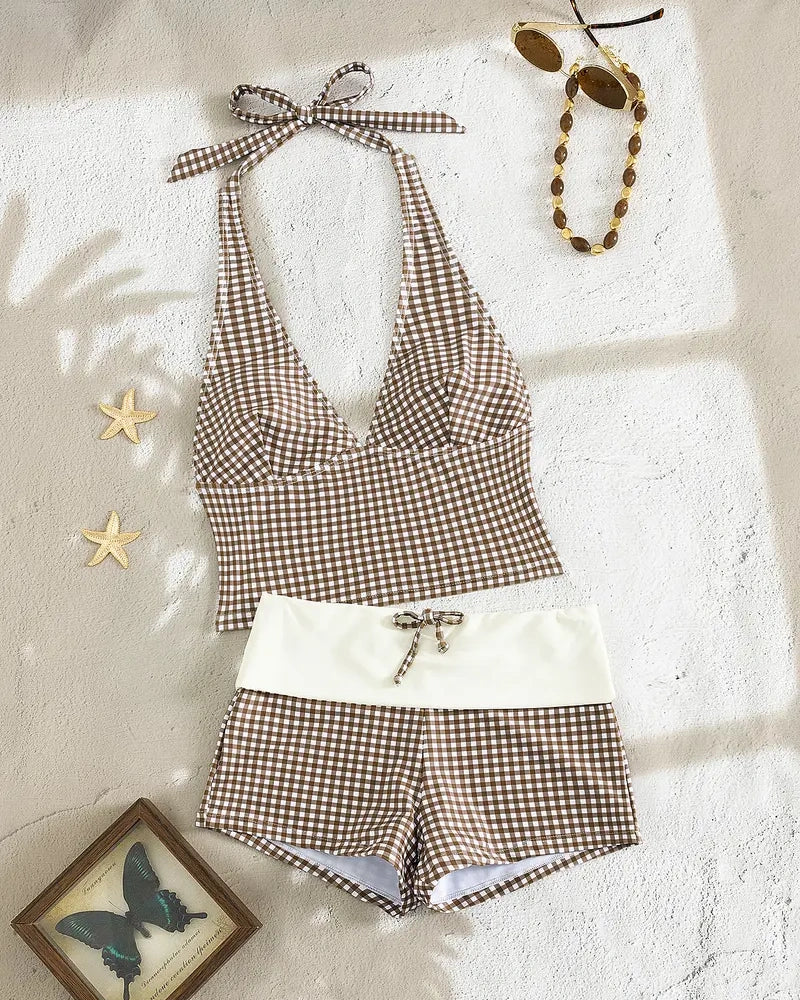 Women's Plaid Bikini Set - Retro Halter Top Swimsuit