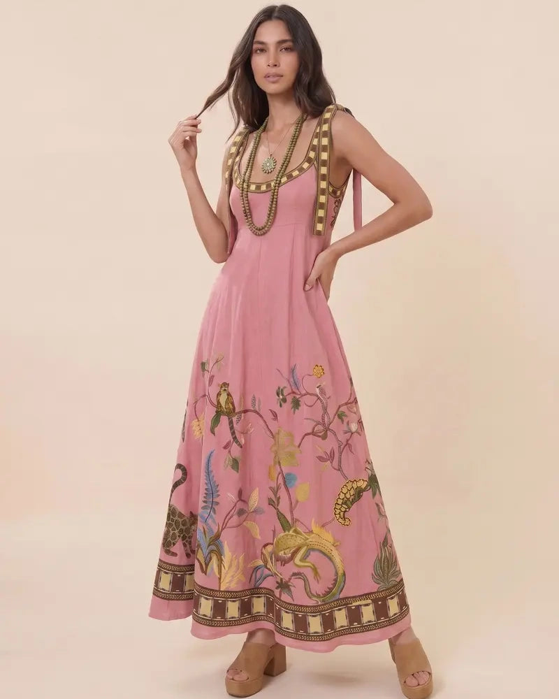 2026 Women's Linen-Blend Embroidered Midi Dress