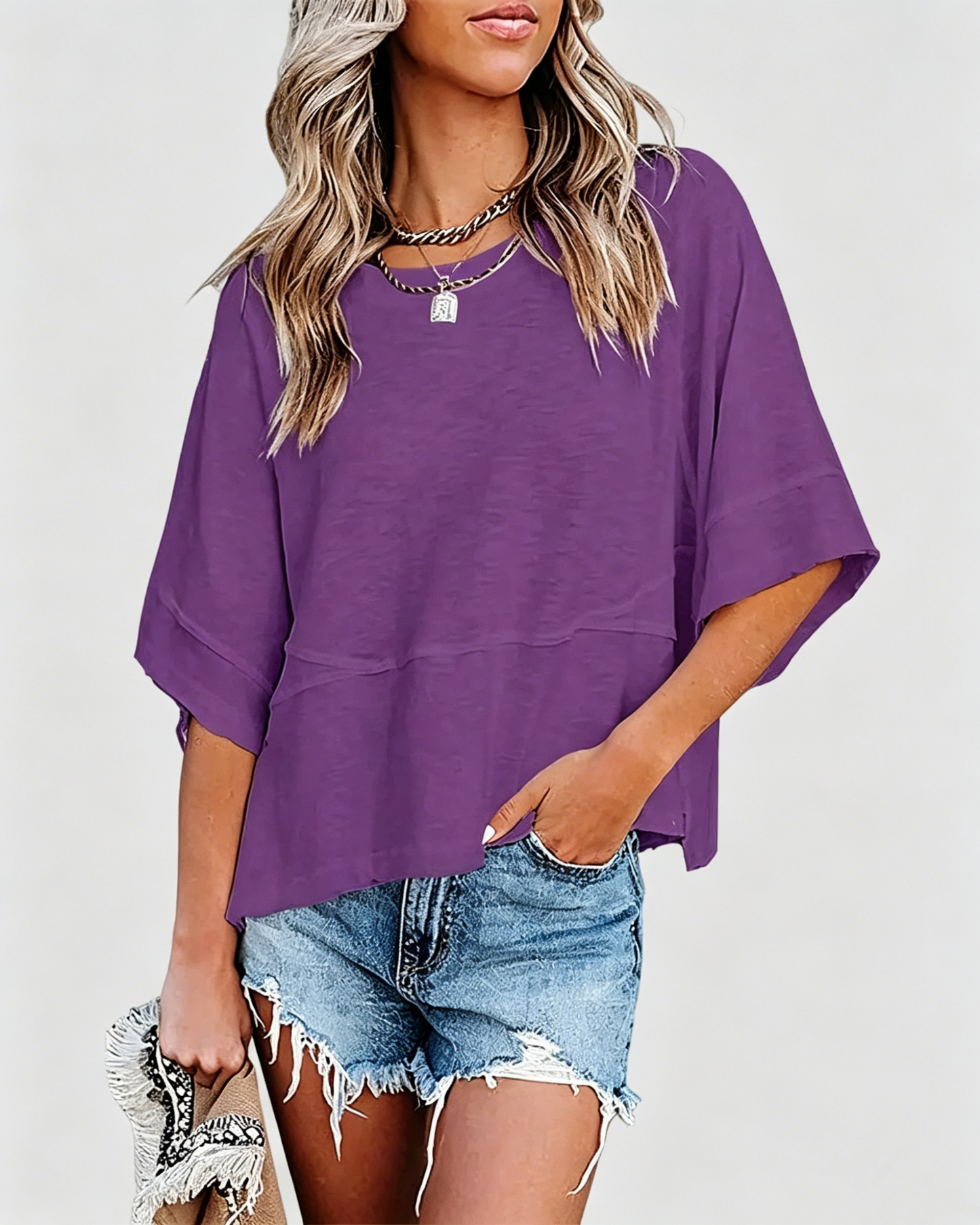 Panel Solid Color Flared Sleeve T-Shirt