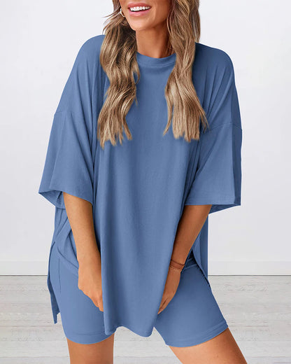 Summer Casual Oversized Lounge Set with Split Hem Shirts & Side Pocket Biker Shorts