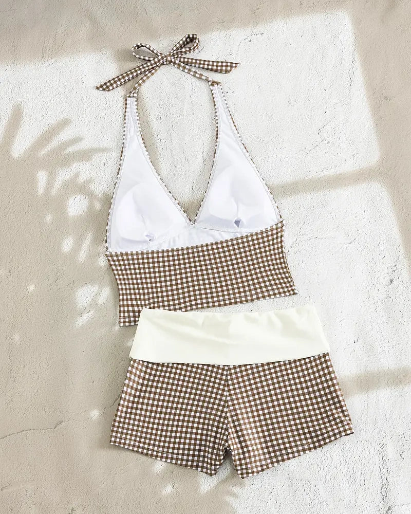 Women's Plaid Bikini Set - Retro Halter Top Swimsuit