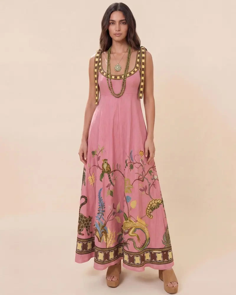 2026 Women's Linen-Blend Embroidered Midi Dress