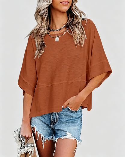 Panel Solid Color Flared Sleeve T-Shirt