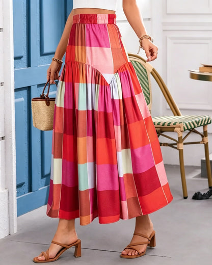 Women's Plaid Print Flattering Long Skirt