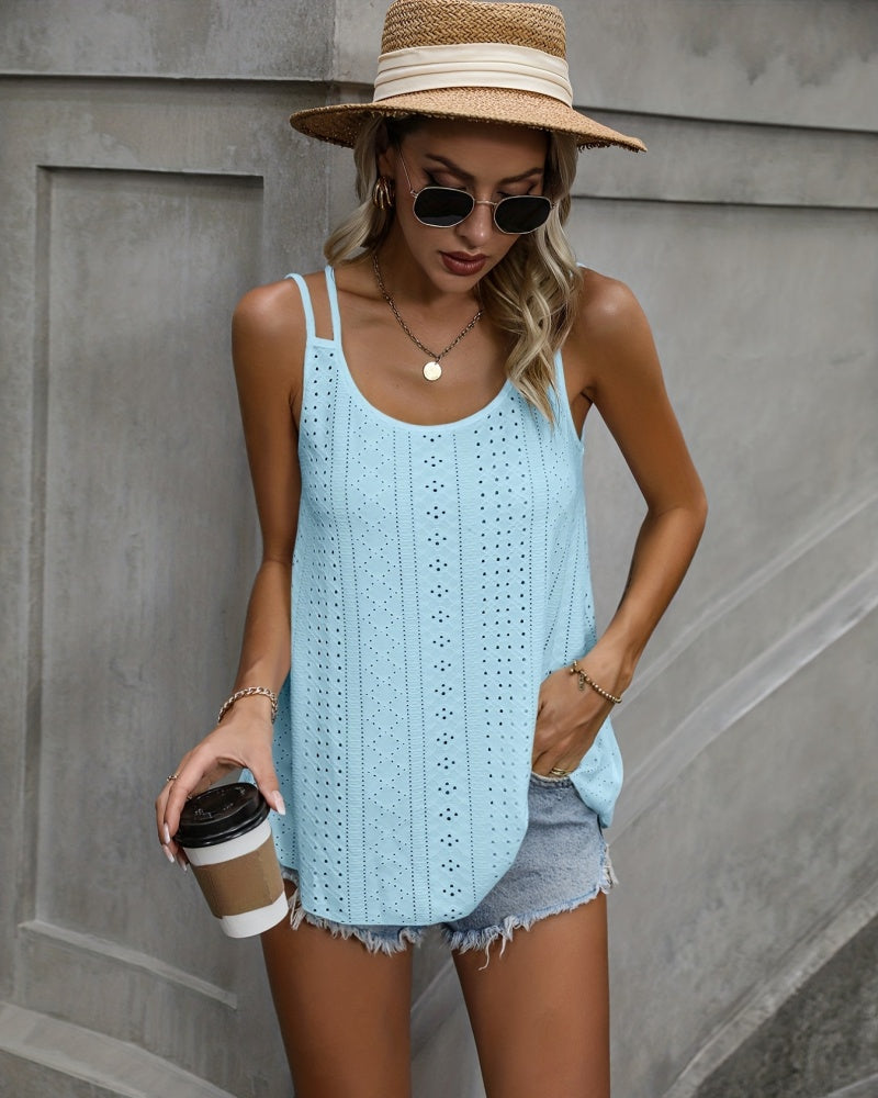 Women's Spaghetti Strap Camisoles Eyelet Embroidery Scoop Neck Tank Tops