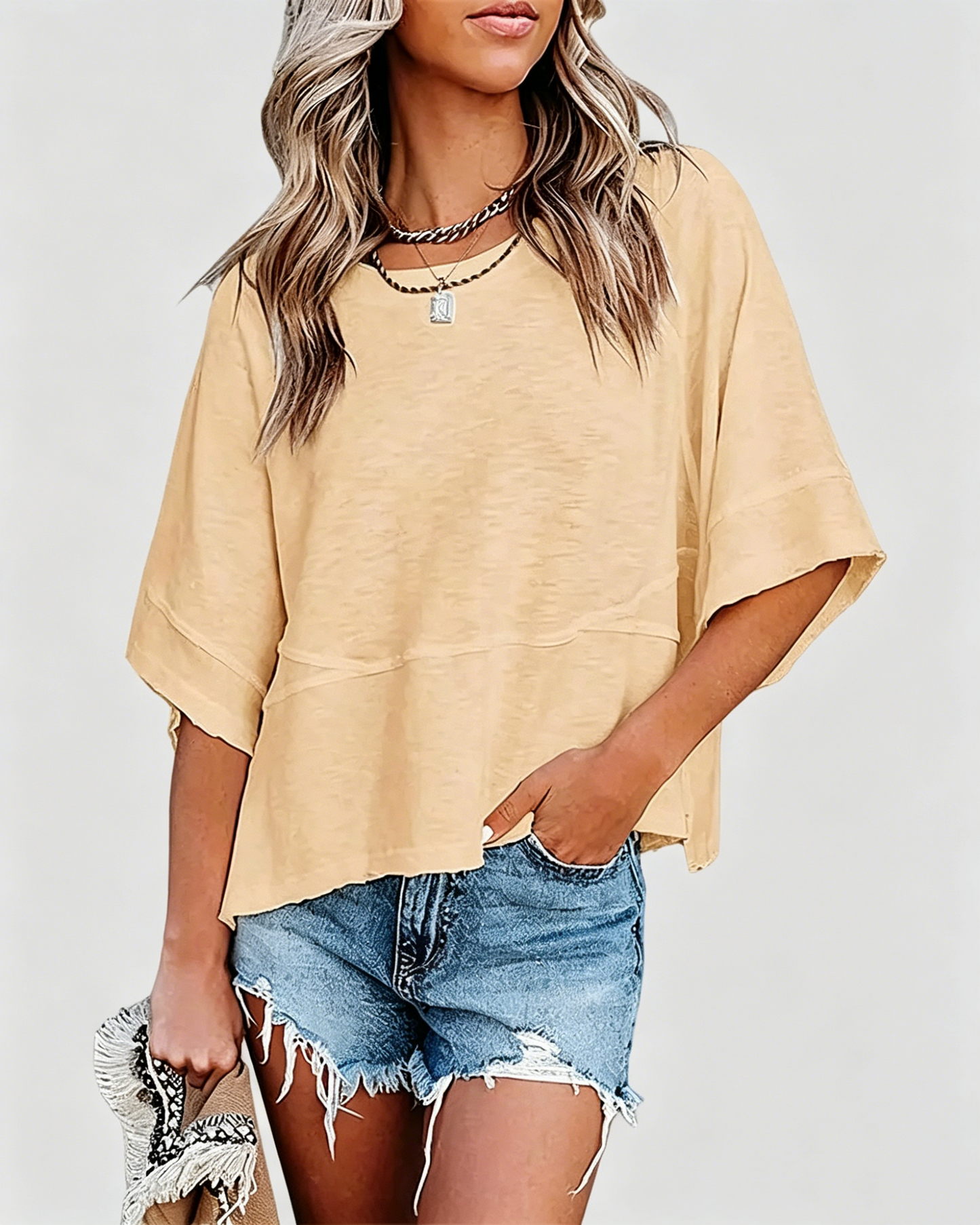 Panel Solid Color Flared Sleeve T-Shirt