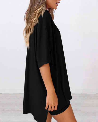 Summer Casual Oversized Lounge Set with Split Hem Shirts & Side Pocket Biker Shorts