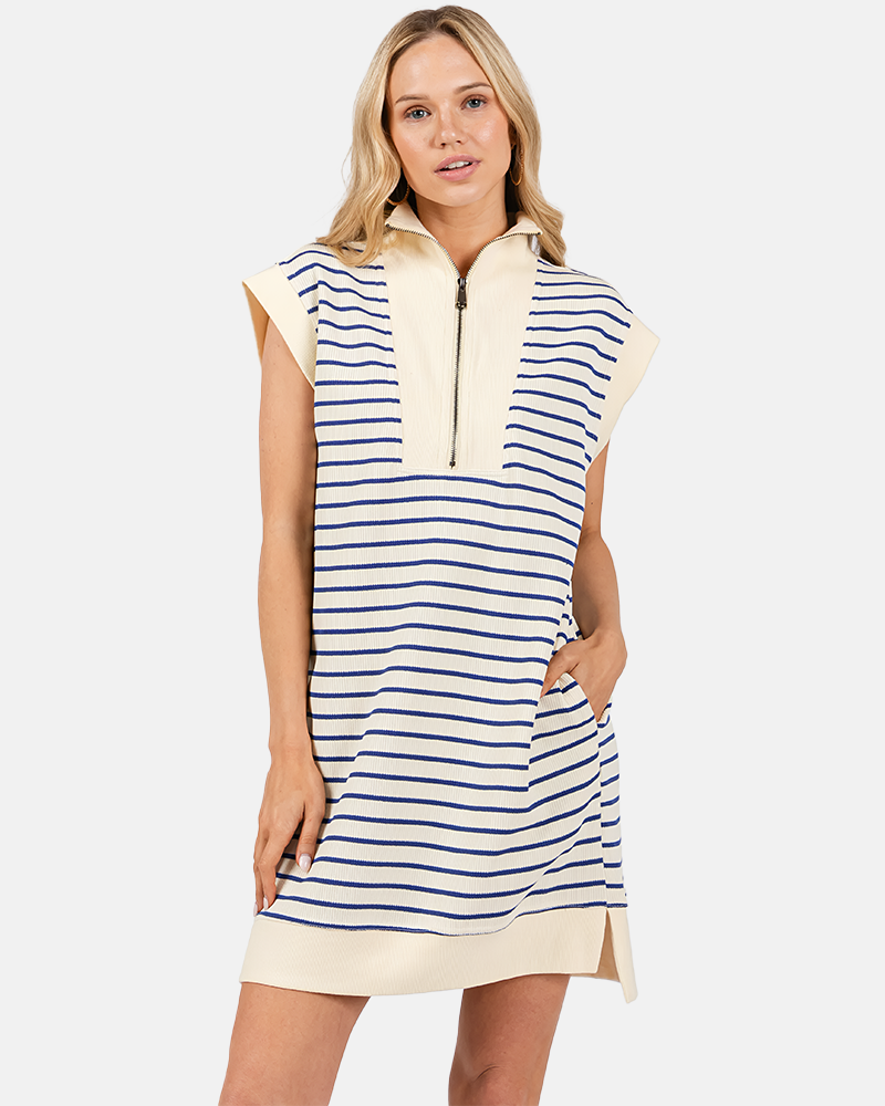 Limited time sale🔥Women's Striped Casual Zipper Cap Sleeve Mini Dress