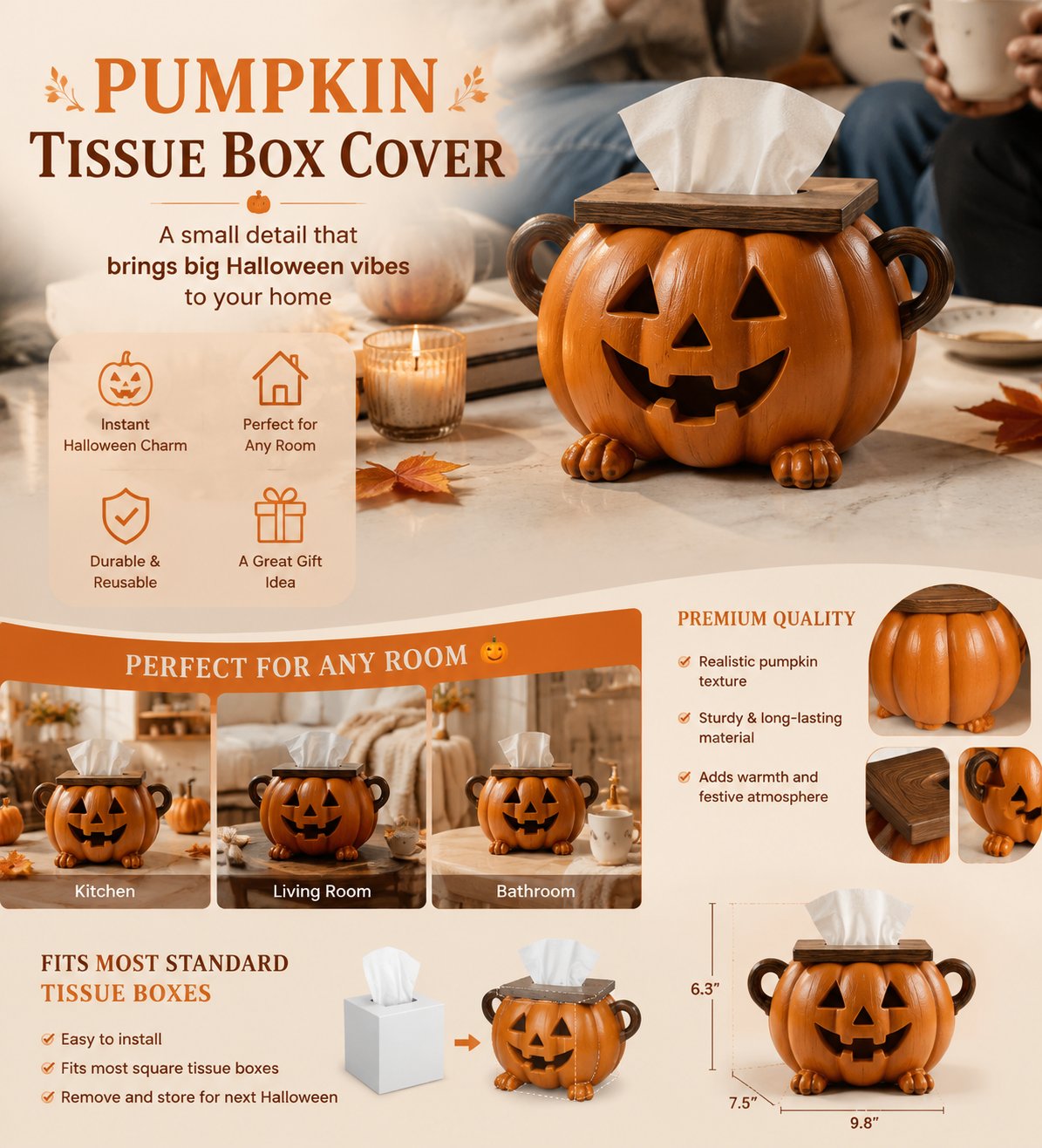 Whimsical Halloween Pumpkin Tissue Box Cover