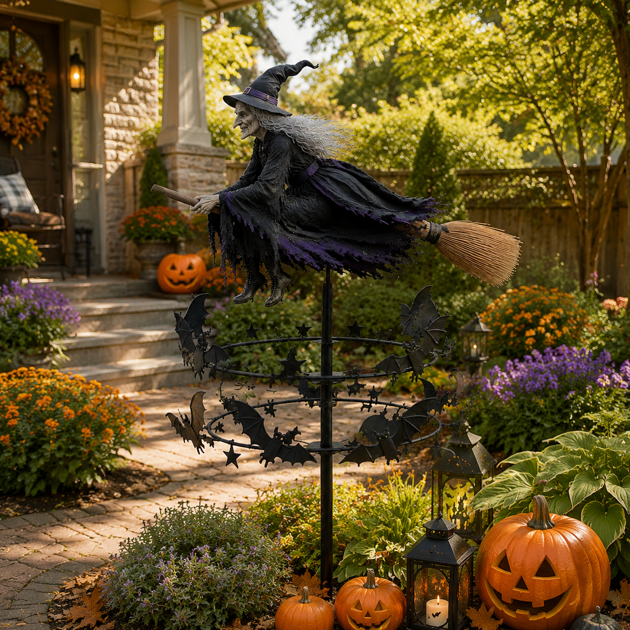🧙‍♀️ Flying Witch & Bats Garden Wind Spinner