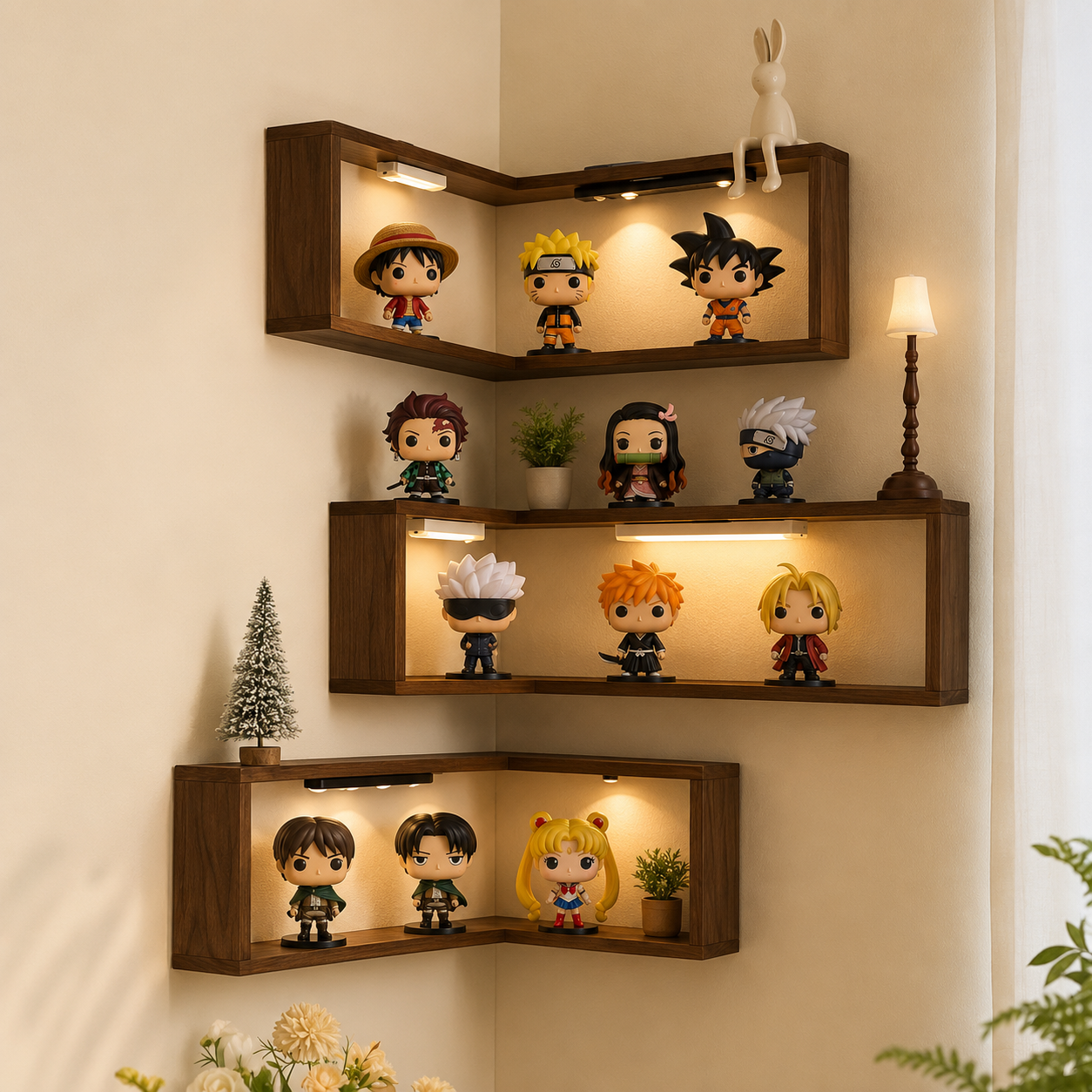 Lighted Wooden Corner Display Shelves