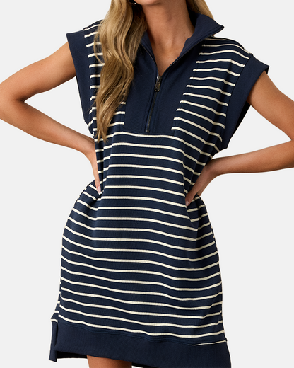 Limited time sale🔥Women's Striped Casual Zipper Cap Sleeve Mini Dress