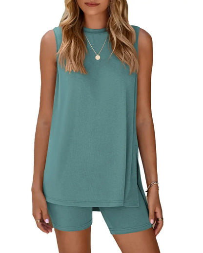 Women’s Sleeveless 2-Piece Summer Lounge Set – Split-Hem Shorts