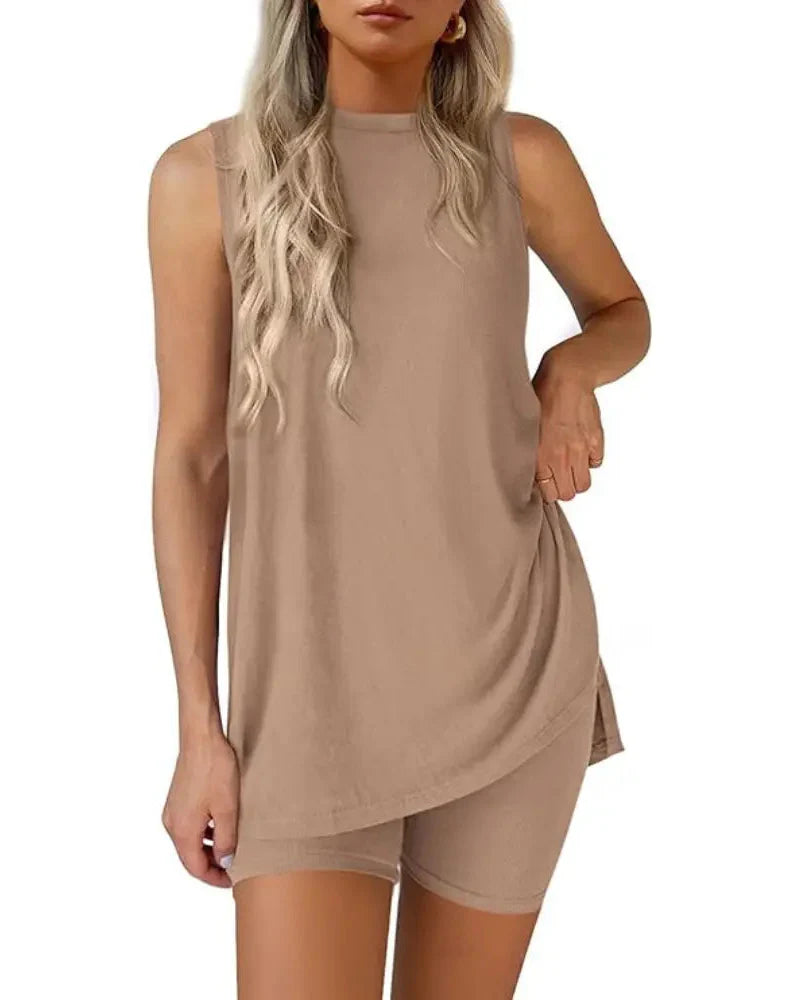 Women’s Sleeveless 2-Piece Summer Lounge Set – Split-Hem Shorts