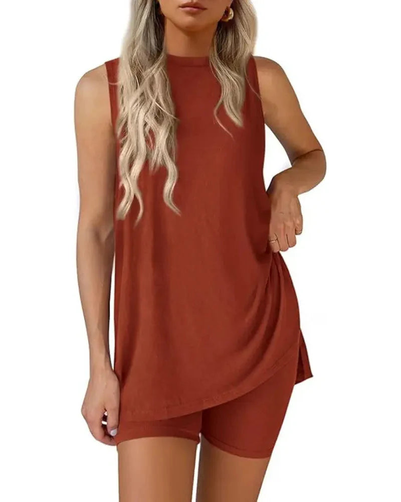 Women’s Sleeveless 2-Piece Summer Lounge Set – Split-Hem Shorts