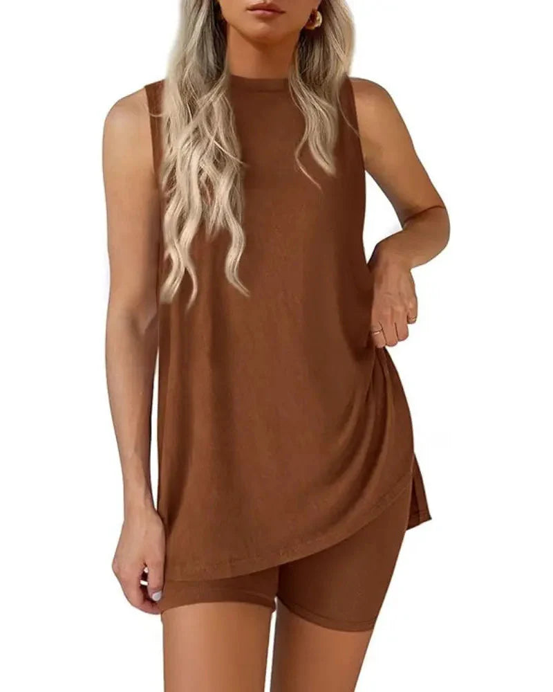 Women’s Sleeveless 2-Piece Summer Lounge Set – Split-Hem Shorts