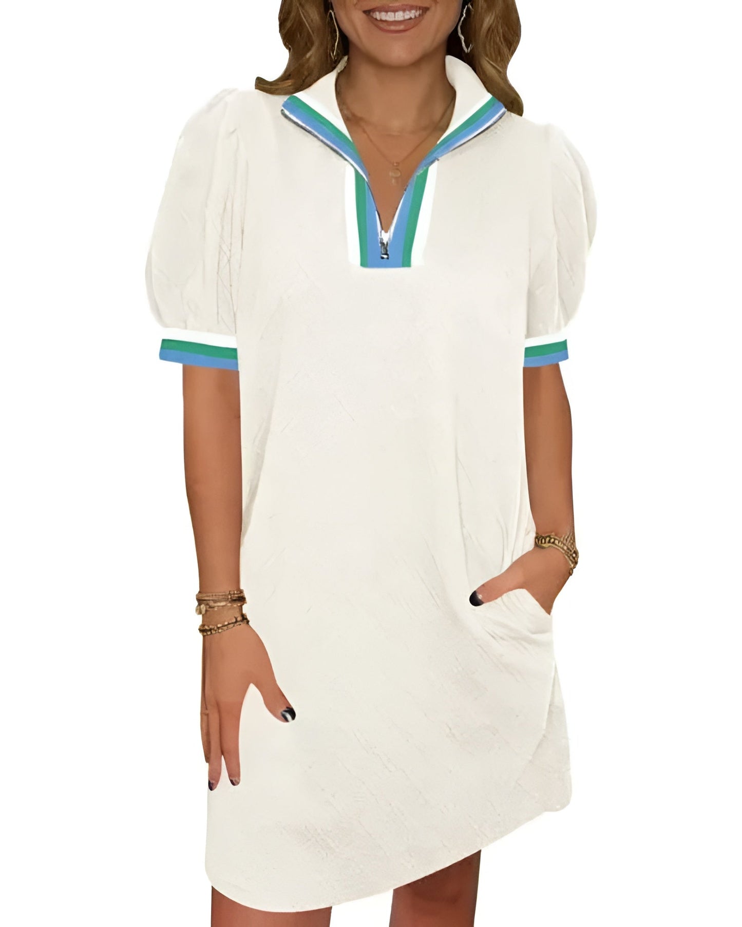 Women Summer Puff Sleeve Mini Dress Quarter Zip Casual Loose Fit Sky