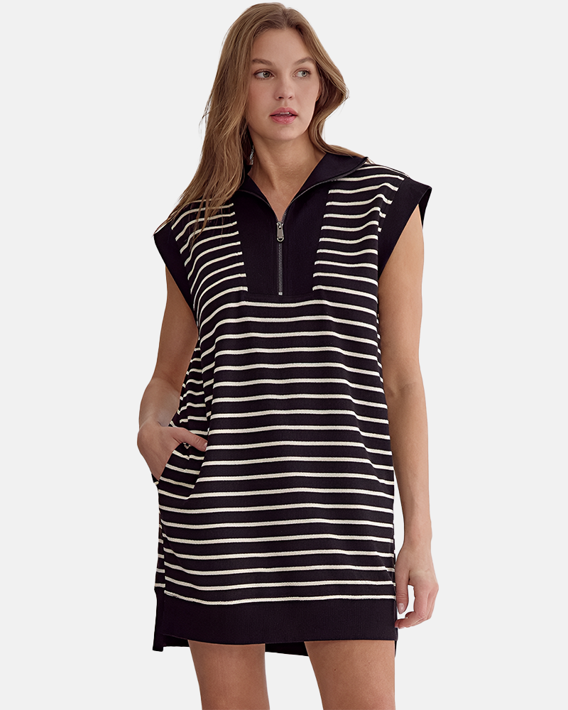 Limited time sale🔥Women's Striped Casual Zipper Cap Sleeve Mini Dress