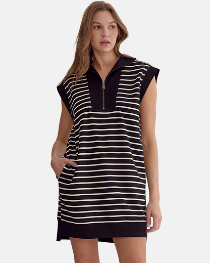 Limited time sale🔥Women's Striped Casual Zipper Cap Sleeve Mini Dress