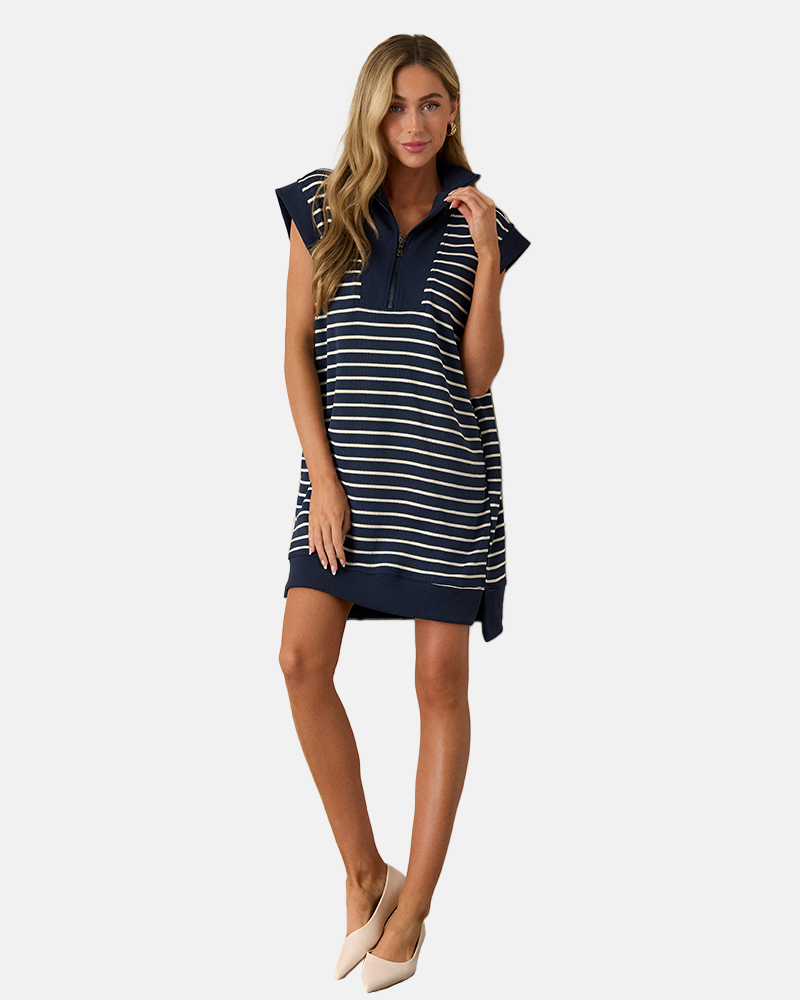Limited time sale🔥Women's Striped Casual Zipper Cap Sleeve Mini Dress