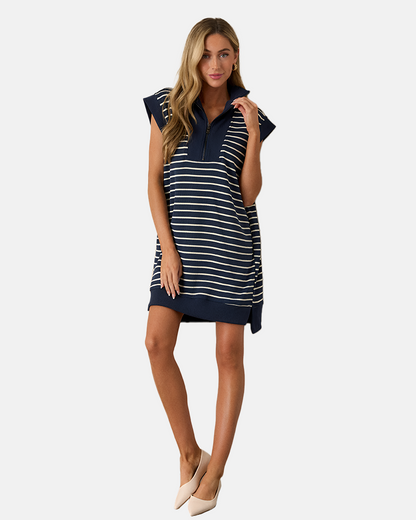 Limited time sale🔥Women's Striped Casual Zipper Cap Sleeve Mini Dress