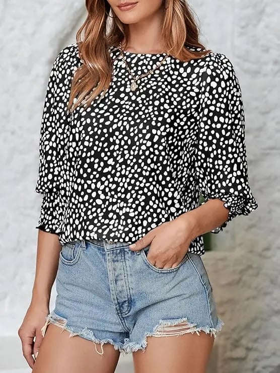 Women's Polka Dot 3/4 Sleeve Blouse Tops Ladies