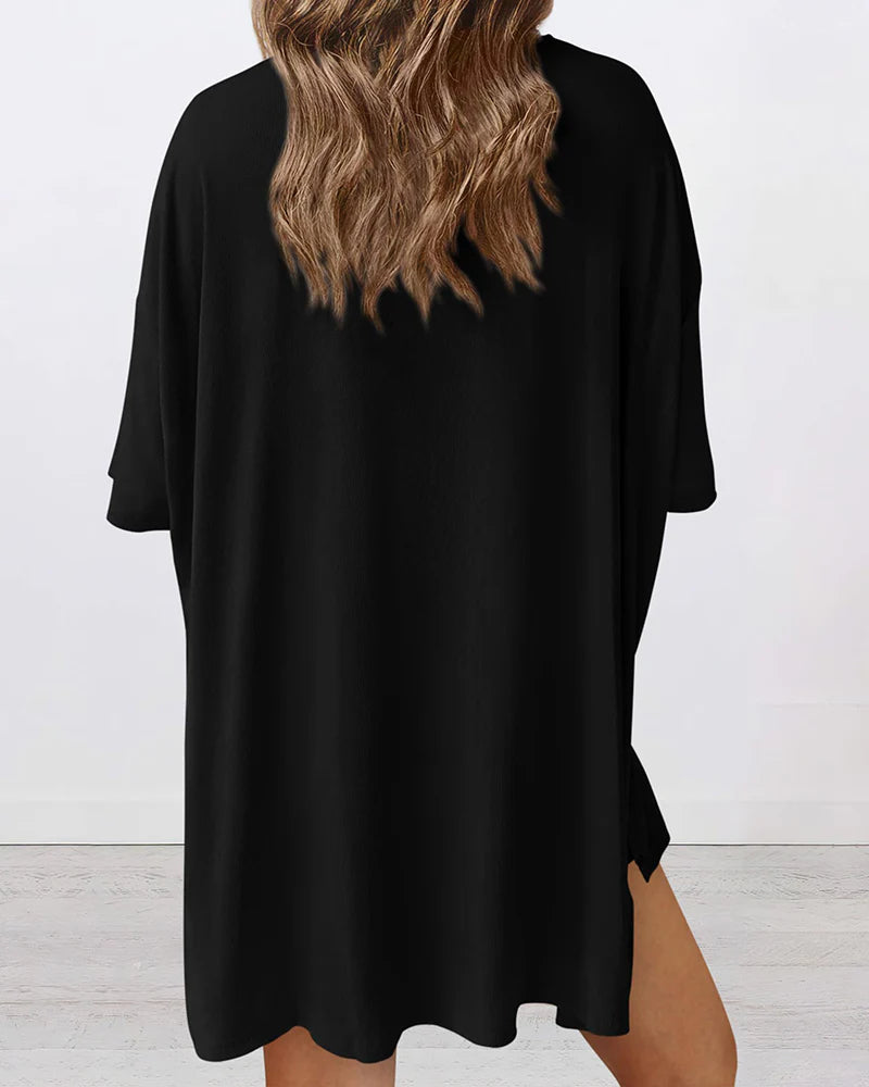 Summer Casual Oversized Lounge Set with Split Hem Shirts & Side Pocket Biker Shorts