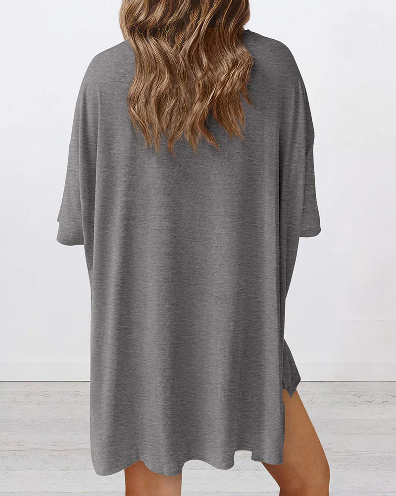 Summer Casual Oversized Lounge Set with Split Hem Shirts & Side Pocket Biker Shorts