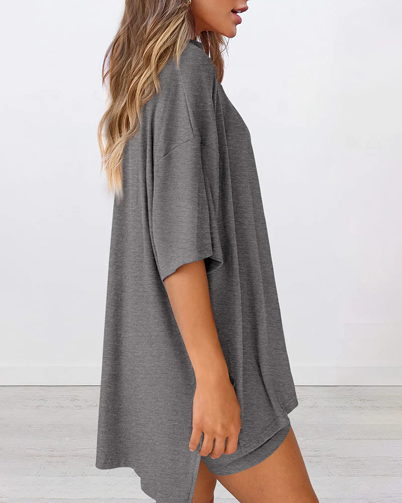 Summer Casual Oversized Lounge Set with Split Hem Shirts & Side Pocket Biker Shorts